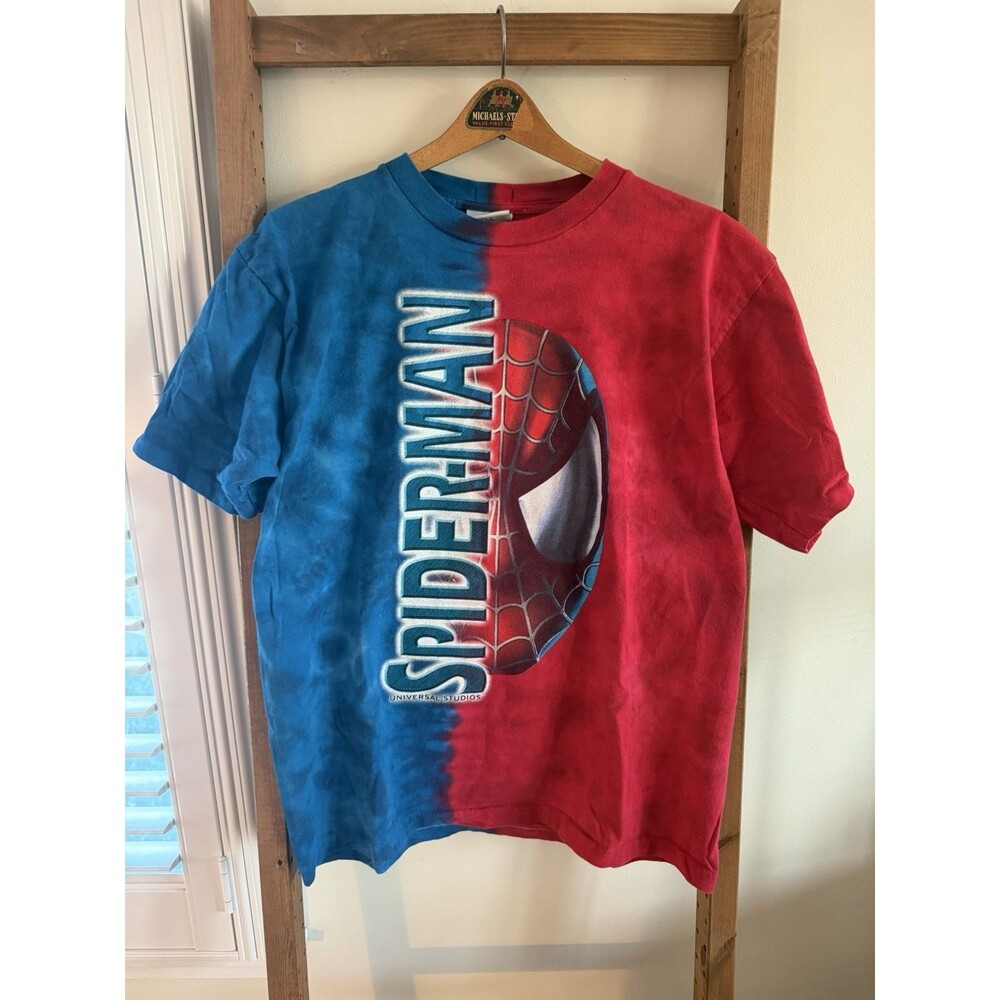 Vtg Spiderman Shirt Men Large Blue Red White Universal Studios Tie Dye Y2K SS